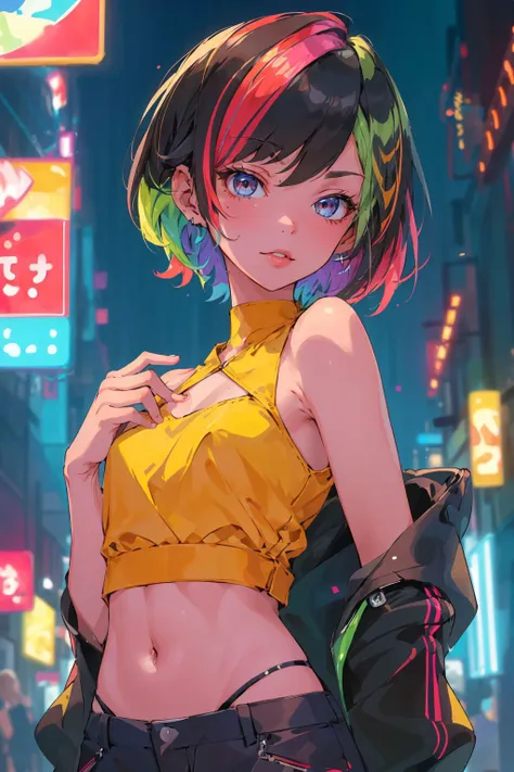 (masterpiece, best quality, high quality, highres, ultra-detailed),  cyber sttyle girl, 1girl,  solo, short hair, in nightclub ,bar, <lora:cyber_style_girl_v1:0.6>,bare shoulders,  BREAK, <lora:RainbowHairV1:1>, rainbow hair,long hair