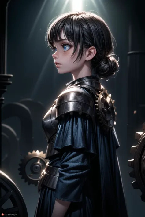 18 year old woman, standing, three quarter view, bright blue eyes, straight black hair, armor made of many gears, tiny gears, clockwork, pale skin, freckles, intricate, background hogwarts, mist, blue light, god rays, lens flares, photo, highly realistic, highly detailed, cinematic light, sidelighting, atmospheric, 8k, hyperrealism, <lora:add_detail:0.8> <lora:background_detail_enhanced_simplified:0.8> <lora:more_details:0.8>