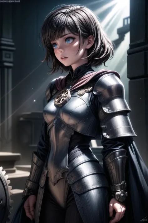 18 year old woman, standing, three quarter view, bright blue eyes, straight black hair, armor made of many gears, tiny gears, clockwork, pale skin, freckles, intricate, background hogwarts, mist, blue light, god rays, lens flares, photo, highly realistic, highly detailed, cinematic light, sidelighting, atmospheric, 8k, hyperrealism, <lora:add_detail:0.8> <lora:background_detail_enhanced_simplified:0.8> <lora:more_details:0.8>