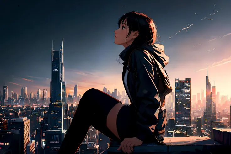 RAW photo, 8k uhd, dslr, soft lighting, high quality, film grain, Fujifilm XT3,from side, ,profile,
a girl sitting on the stair and watching to the sky in the foreground,city skyline in the background, cinematic matte painting, a detailed matte painting, fantasy art,
<lora:Background_Detail_v3:1><lora:add-detail-xl:1>