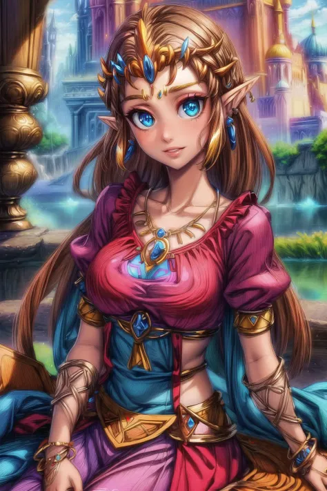 (masterpiece, best quality:1.3) <lora:PrincessZelda:0.8> PrincessZelda, 1girl, solo, long hair, blue eyes, brown hair, dress, jewelry, earrings, pointy ears, bracelet, tiara, crown, pink dress, princess zelda, <lora:add_detail:0.8> <lora:background_detail_enhanced_simplified:0.8> <lora:more_details:0.8> <lora:colorify:1> <lora:detail_slider_v4:1>