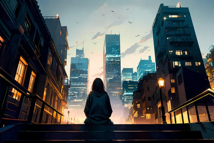 RAW photo, 8k uhd, dslr, soft lighting, high quality, film grain, Fujifilm XT3,
a girl sitting on the stair and watching to the sky in the foreground,city skyline in the background, cinematic matte painting, a detailed matte painting, fantasy art,
<lora:Background_Detail_v3:1><lora:add-detail-xl:1>