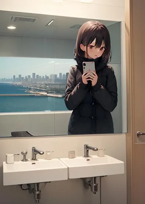 A girl, cellphone on hands, city, bathroom mirror ,
<lora:Background & distance control:1>><lora:background_detail_enhanced_simplified:-1