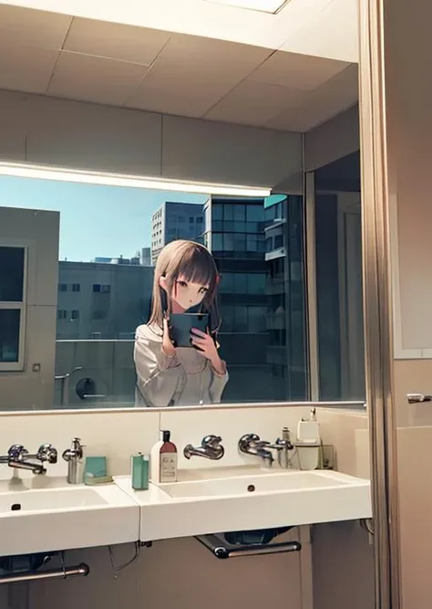 A girl, cellphone on hands, city, bathroom mirror ,
 <lora:Background & distance control:-2><lora:background_detail_enhanced_simplified:-1