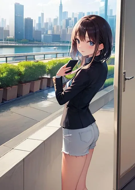 A girl, cellphone on hands, city, bathroom mirror ,
 <lora:Background & distance controll:0>><lora:background_detail_enhanced_simplified:-1>