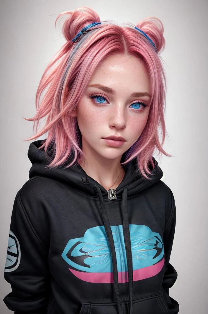 Tori Xvoor, 1girl, solo, looking at viewer, blue eyes, simple background, upper body, jewelry, pink hair, parted lips, hood, necklace, lips, hoodie, hood down, black background, portrait, freckles, realistic, <lora:ToriXvoor:0.4>, <lora:add_detail:0.5> <lora:background_detail_enhanced_simplified:0.8> <lora:more_details:0.5> <lora:colorify:1>