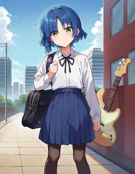 score_9, score_8_up, score_7_up, source_anime, 
ryouyamada, <lora:ryou-yamada-ponyxl-lora-nochekaiser:1>, 
ryou yamada, blue hair, eyes visible through hair, mole, mole under eye, short hair, yellow eyes, hairclips,
black pantyhose, black ribbon, blue skirt, brown footwear, loafers, long sleeves, pantyhose, ribbon, school uniform, shimokitazawa high school uniform, shirt, shoes, skirt, white shirt,
outdoors, cityscape, guitar, bass, guitar case,
looking at viewer, cowboy shot,