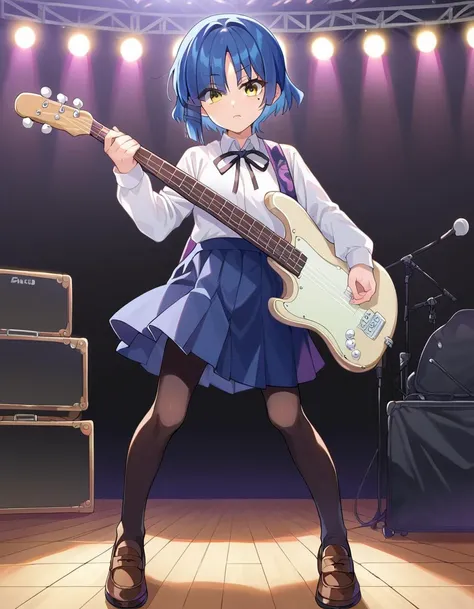 score_9, score_8_up, score_7_up, source_anime,
ryouyamada, <lora:ryou-yamada-ponyxl-lora-nochekaiser:1>,
ryou yamada, blue hair, eyes visible through hair, mole, mole under eye, short hair, yellow eyes, hairclips,
black pantyhose, black ribbon, blue skirt, brown footwear, loafers, long sleeves, pantyhose, ribbon, school uniform, shimokitazawa high school uniform, shirt, shoes, skirt, white shirt,
outdoors, guitar, bass, guitar case, concert, stage, stage lights, colored lights, audience, music, band,
looking at viewer, cowboy shot, dynamic pose,