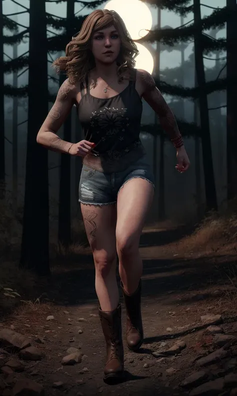 Katedbdl2023, 1girl, 8k, uhd, trending on arstation, best quality, masterpiece, black tank top, jean shorts, boots, wavy hair, skin pores, 5 fingers, tattoo, running, dark woods, night, cinematic lighting, dramatic scene