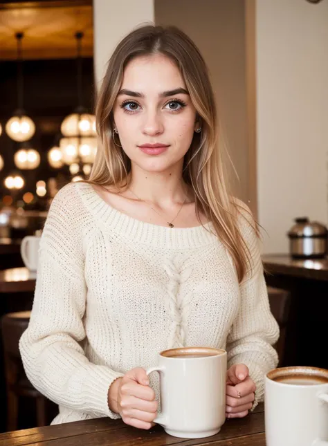 tv_Lucia_Munroe_MXAI, , wearing a cozy knitted sweater, sitting in a café, holding a steaming mug with both hands, happy expression, , (((Ultra-HD-details, Ultra-HD-detailed, Ultra-HD-realistic, Ultra-HD-photo-same-realistic-quality-details))), 8k uhd, dslr, soft lighting, high quality, film grain, Fujifilm XT3