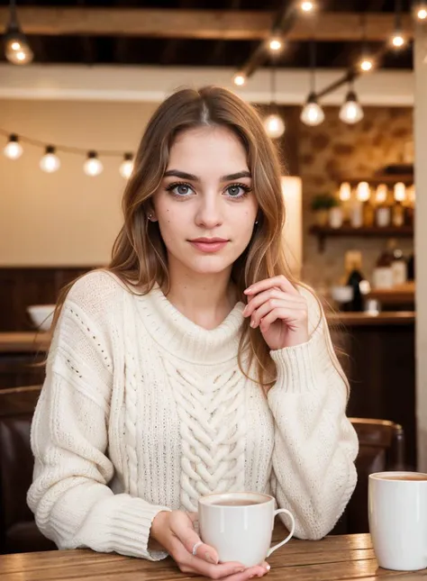 tv_Lucia_Munroe_MXAI, , wearing a cozy sweater, sitting in a cafe, holding a cup of steaming tea, flirty expression, , (((Ultra-HD-details, Ultra-HD-detailed, Ultra-HD-realistic, Ultra-HD-photo-same-realistic-quality-details))), 8k uhd, dslr, soft lighting, high quality, film grain, Fujifilm XT3