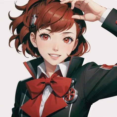 Kotone Shiomi, masterpiece, 1 girl, Persona style, Kotone Shiomi, brown hair, red eyes, red bowtie, cheerfull smile, impeller, hair clip