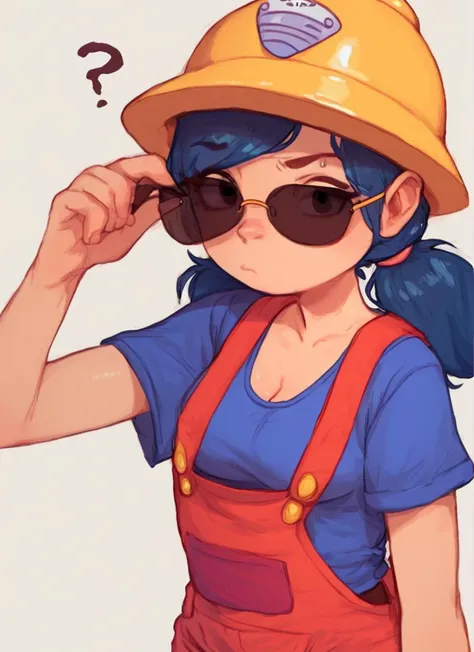 score_9, score_8_up, score_7_up,   <lora:bsjacky:0.9> bsjacky , 1girl, solo, medium breasts,   cleavage, twintails, blue hair, orange overalls  , low twintails, sunglasses, helmet , red overalls, blue shirt  ,  confused,  <lora:PossumMachine:1> , posmach closed mouth,  looking at viewer,