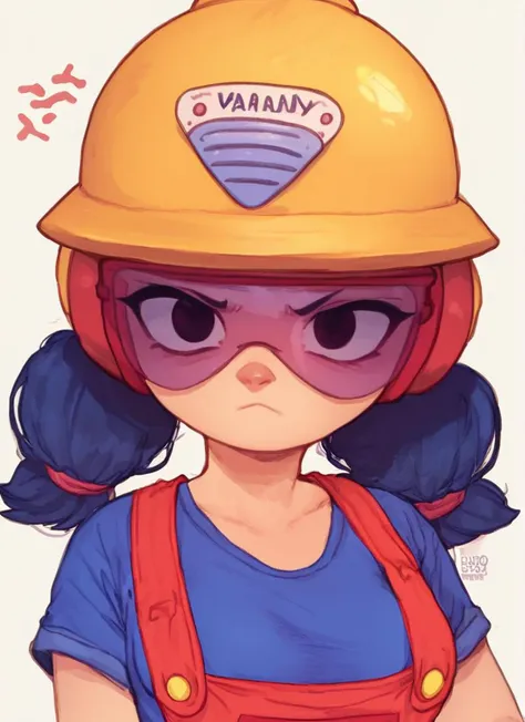 score_9, score_8_up, score_7_up,   <lora:bsjacky:0.9> bsjacky , 1girl, blue hair, solo,  helmet ,  twintails, medium breasts,   cleavage,  orange overalls  , blue shirt  , low twintails, sunglasses, helmet , red overalls, blue shirt  ,  confused,  <lora:PossumMachine:1> , posmach closed mouth,  looking at viewer,