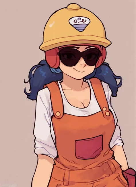 score_9, score_8_up, score_7_up,   <lora:bsjacky:0.9> bsjacky , 1girl, solo,  smile, medium breasts,   cleavage, twintails, blue hair, orange overalls  , low twintails, sunglasses, helmet , red overalls,  ,  <lora:Yagi_the_Goat_Style:1>by s1120411