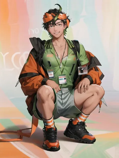 best quality,masterpiece,highres,1boy ,black hair,bryophyta ,male focus,solo,full body,jacket ,short hair,green hair, black hair,multicolored hair ,bandana, shirt ,shorts,socks,shoes, <lyco:bryophyta-000008:1.0>,squatting, looking at viewer,orange jacket,lanyard, grin, green shirt,