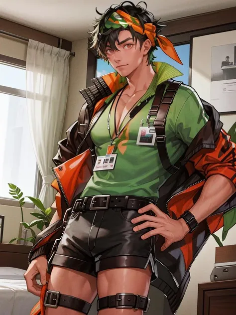 bryophyta,1boy,male focus,solo,short hair,green hair,black hair,multicolored hair,bandana,shirt,jacket,shorts,belt,lanyard,thigh strap,id card,<lora:bryophyta-000003:1>,bedroom, best quality,masterpiece,highres,