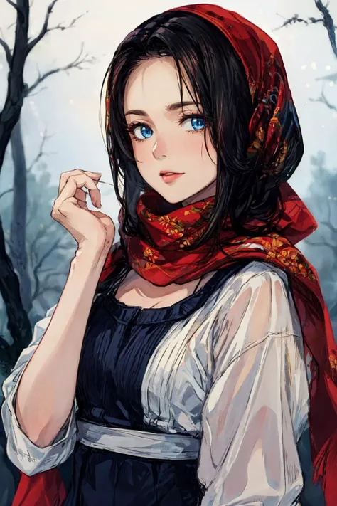 (mature woman:1.3), solo, black hair, blue eyes, long dress open neckline, forest, <lora:beautifulDetailedEyes_v10:0.8>, <lora:add_detail:0.8>, ((masterpiece)), (high quality), (best quality), (detailed), hd, perfect night lighting, detailed face, detailed body, <lora:Countryside1:0.9>, (head scarf:1.1),