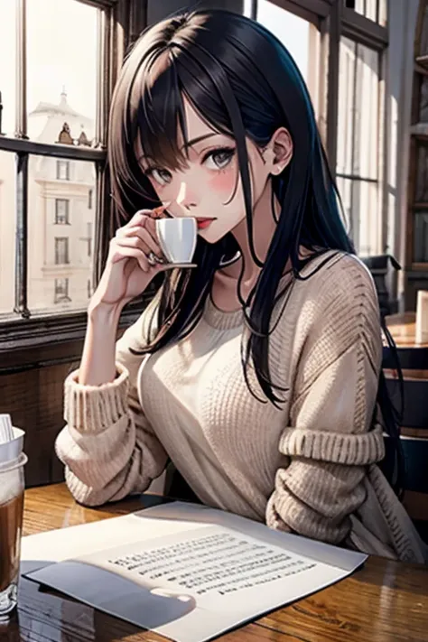 (masterpiece, best quality, official art, NSFW, medium shot, indoor, detailed background, intricate details, soft lights, muted colors, HDR, playful, flirting with viewer, dynamic action pose), a woman sitting at a table with a cup of coffee in front of her and a window behind her, remodernism