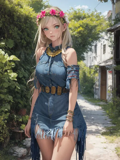 absurdres, highres, ultra detailed,  (****ung woman:1.4),
BREAK
, festival style, fringe clothing, boho dresses, flower crowns, denim shorts, gladiator sandals, statement jewelry