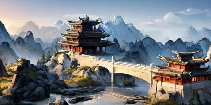masterpiece,high quality,detailed,mountain,building,house,architecture,castle,bridge,tower,no_humans,city,scenery,east_asian_architecture,<lora:jianhzu:0.9>,