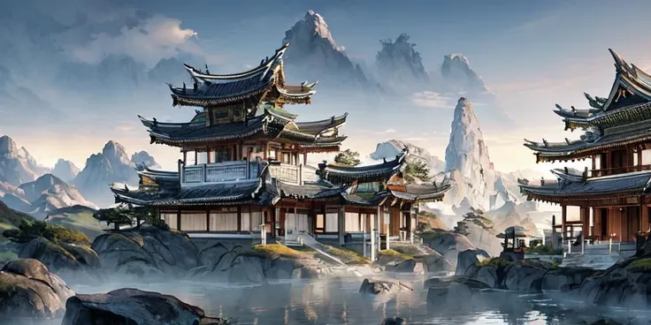 masterpiece,high quality,detailed,mountain,building,house,architecture,castle,bridge,tower,no_humans,city,scenery,east_asian_architecture,<lora:jianhzu:0.9>,