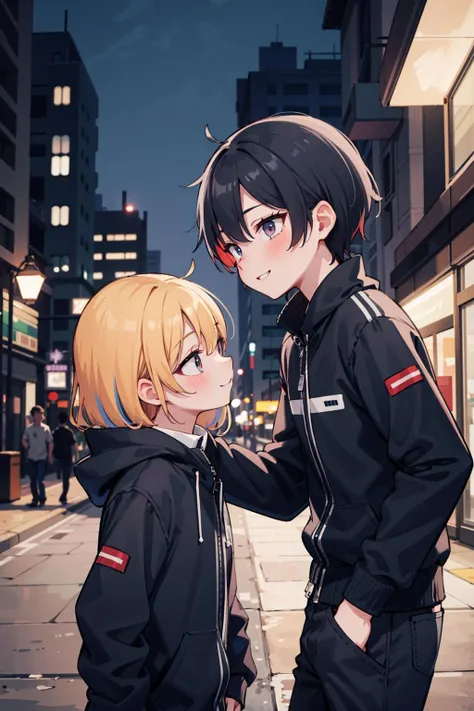 (masterpiece), best quality, high resolution, highly detailed, detailed background, perfect lighting, 1girl and 1boy, outdoor, city street, multicolored hair, light smile, looking at other, looking at other,
