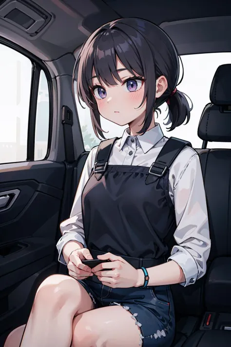 (masterpiece), best quality, high resolution, highly detailed, detailed background, perfect lighting, 1girl, indoors, low ponytail, in car,