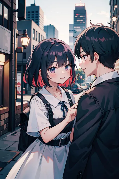 (masterpiece), best quality, high resolution, highly detailed, detailed background, perfect lighting, 1girl and 1man, outdoor, city street, multicolored hair, light smile, looking at other, looking at other,