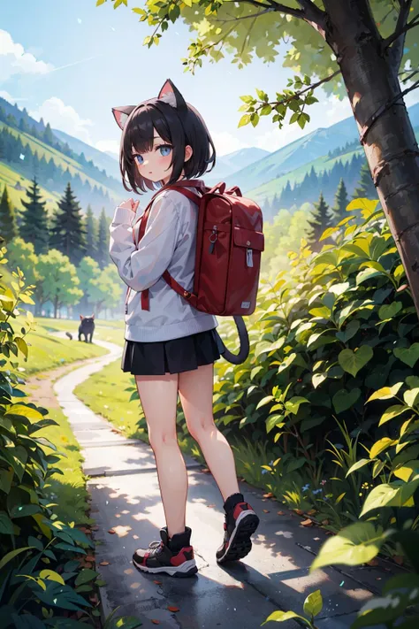 (masterpiece), best quality, high resolution, highly detailed, detailed background, perfect lighting, 1girl, cat ears, backpack, hiking, outdoors, nature, full body, mid shot