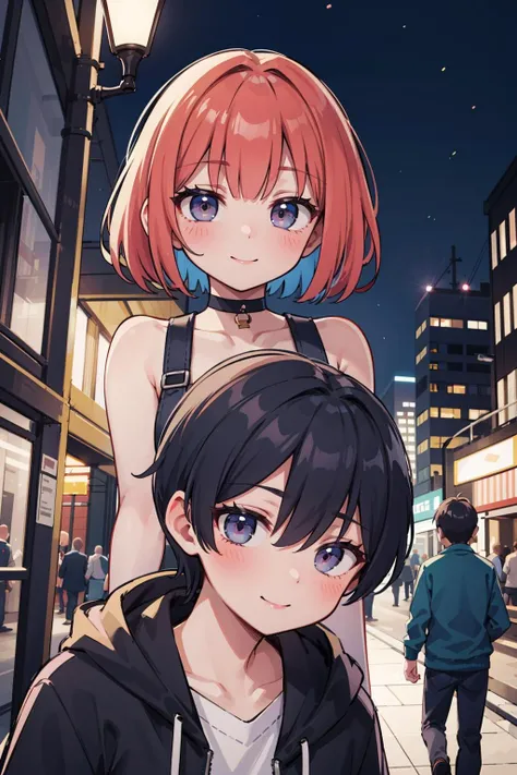 (masterpiece), best quality, high resolution, highly detailed, detailed background, perfect lighting, 1girl and 1boy, outdoor, city street, multicolored hair, light smile, looking at other, looking at other,