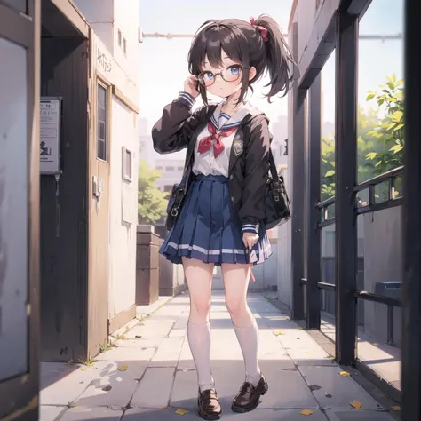 (masterpiece), vivid, vibrant colors,1girl, elegant,cute school girl, school corridor, ponytail, hand through hair, full body, eye glasses,<lora:anmi:0.35>, anmi, visually stunning, blurred background, tilt shift, matte painting, bokeh