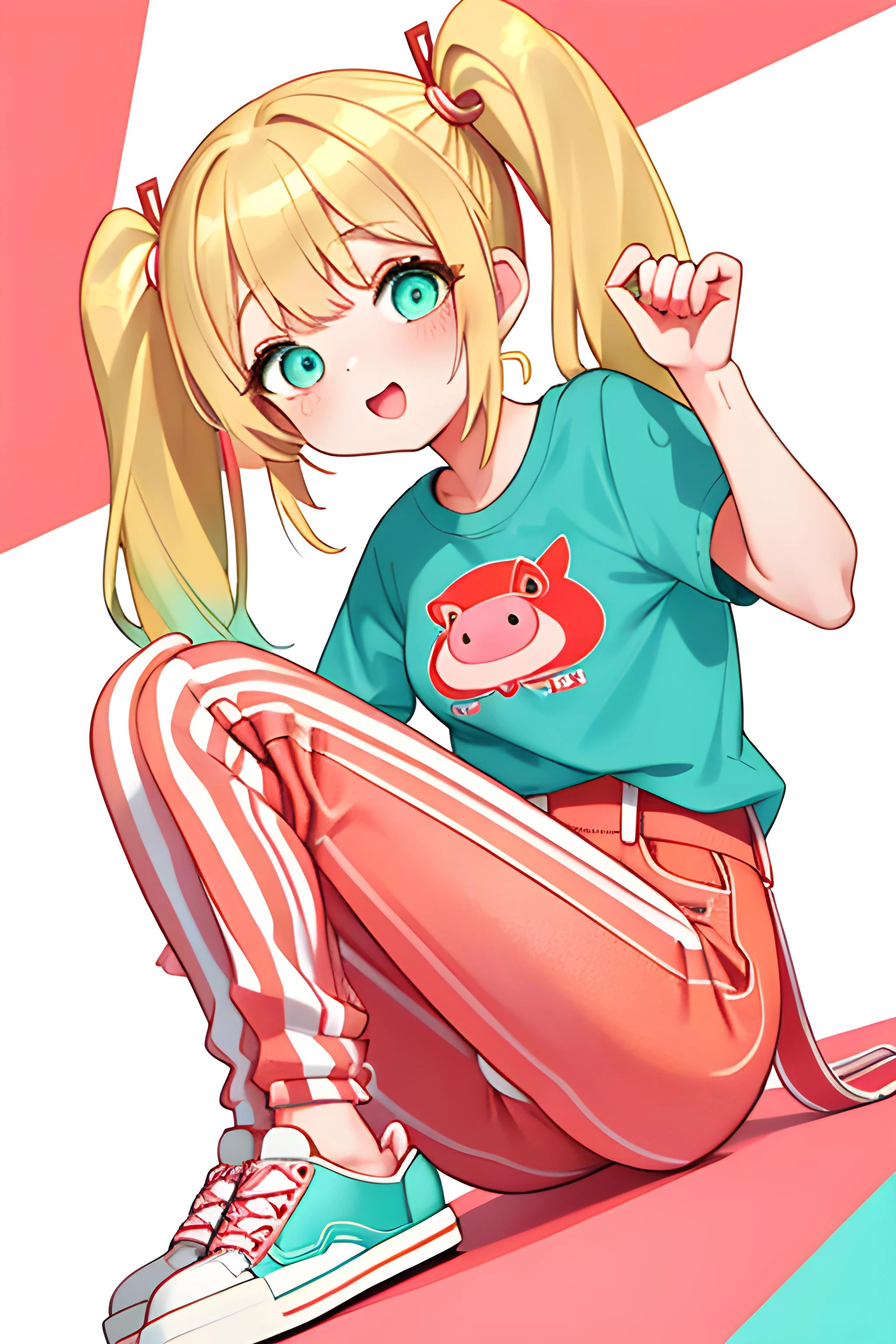 Penny IG (Female , Blonde hair in pigtails, turquoise eyes, petite, fair skin) wearing a red backpack, a red and white striped T-shirt, light-green jeans, red and pink sneakers.