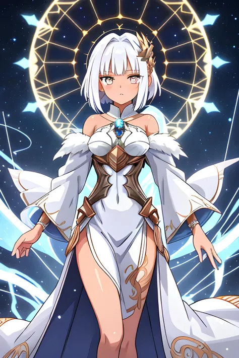 Minerva Caster (short white hair that shimmered like a veil of frost, tan skin, Eye color of bronze, enchanting sight) wearing a blue robe, a constellation of arcane symbols embroidered with silver threads, swirled around her, hiding and revealing her slender form as she moved.