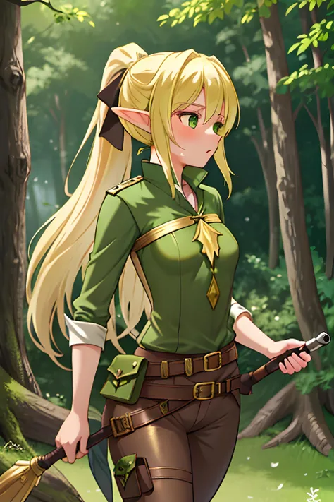 Taria Elmwood (female elven ranger, wild untamed grace, lean figure, Blonde hair smooth as golden silk tied in a neat ponytail) Wearing a well-worn tight green tunic and tight pants, a belt equipped with an assortment of small pouches and tools, scuffed leather boots