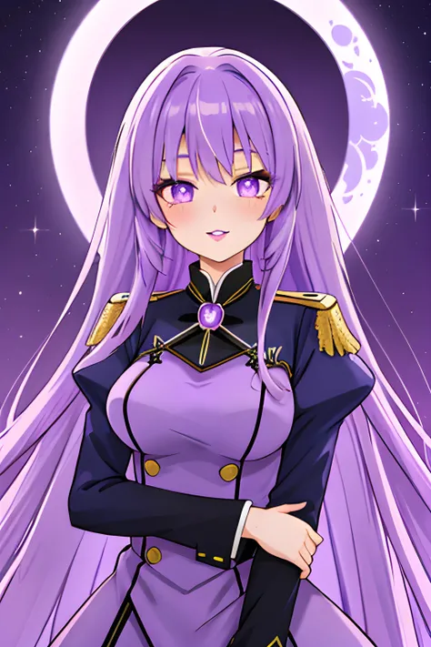Iris Luna (Tall woman, Eye color Lilac, Long flowing Vibrant Purple Hair, Violet Lips, medium bust) wearing a dress uniform