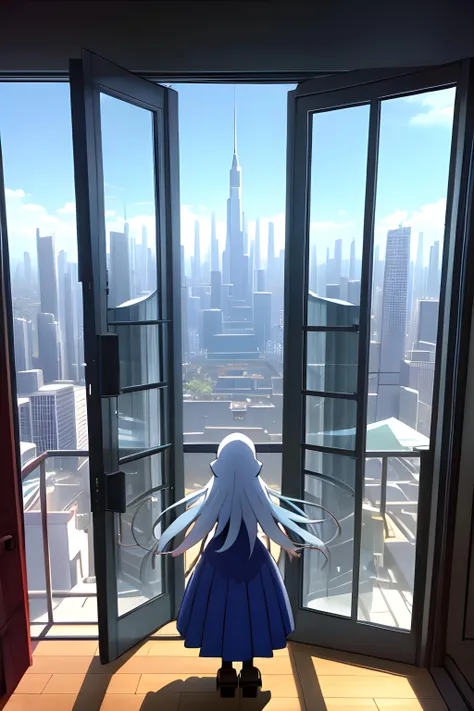 An opened window looking out on a massive city with giant spaceships, (MasterPiece) (Detailed), Anime