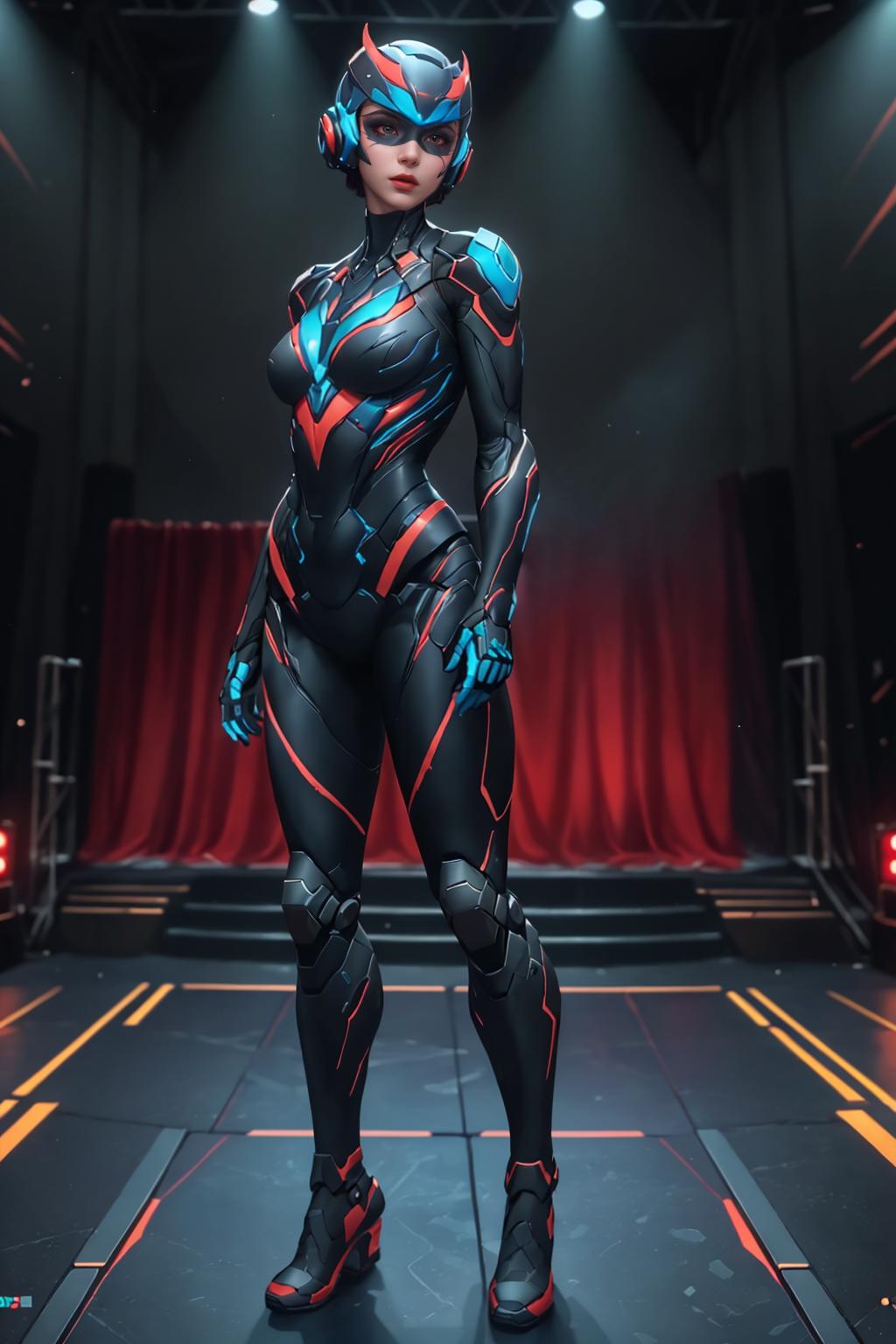 A woman in a futuristic suit stands in a dark room - SeaArt AI