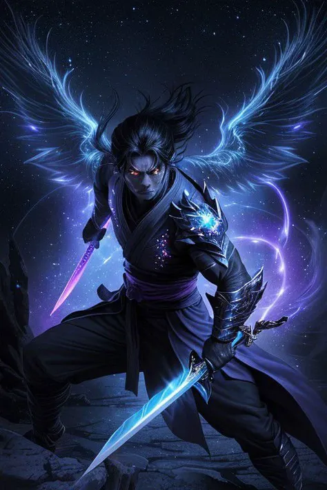 He is a fearless ninja whose name is whispered in ancient legends as the protector of the innocent and the nightmare of demons.
In his hands, he wields a cosmic sword, forged in stars and bathed in the energy of galaxies. His iridescent glow cuts through the air, leaving trails of celestial sparks as he prepares for the impending battle.