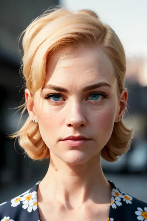 close up photo of januaryJ1 with a happy look on the face, house wife style, (floral print milkmaid dress:1.3), in front of city street, (city street), detailed skin texture, (blush:0.5), (goosebumps:0.5), subsurface scattering, ultra hd, 4k, high def, realistic, Photorealistic, Hyperrealistic, Hyperdetailed, analog style, detailed skin, matte skin, soft lighting, subsurface scattering, realistic, heavy shadow, masterpiece, best quality, ultra realistic, 8k, golden ratio, Intricate, High Detail, film photography, soft focus