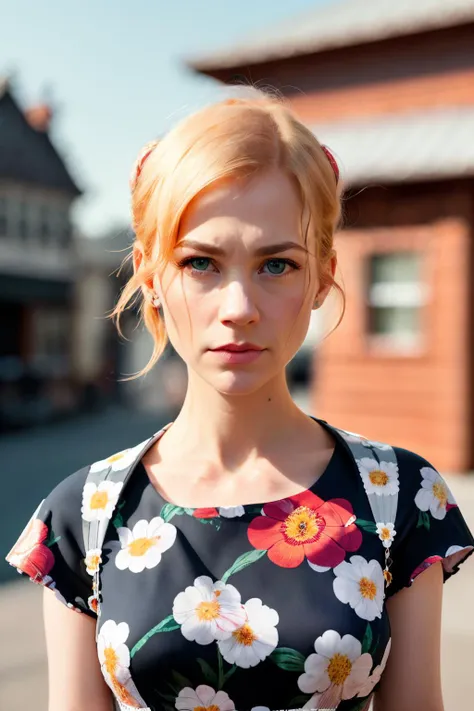 close up photo of januaryJ1 with a happy look on the face, house wife style, (floral print milkmaid dress:1.3), in front of city street, (city street), detailed skin texture, (blush:0.5), (goosebumps:0.5), subsurface scattering, ultra hd, 4k, high def, realistic, Photorealistic, Hyperrealistic, Hyperdetailed, analog style, detailed skin, matte skin, soft lighting, subsurface scattering, realistic, heavy shadow, masterpiece, best quality, ultra realistic, 8k, golden ratio, Intricate, High Detail, film photography, soft focus