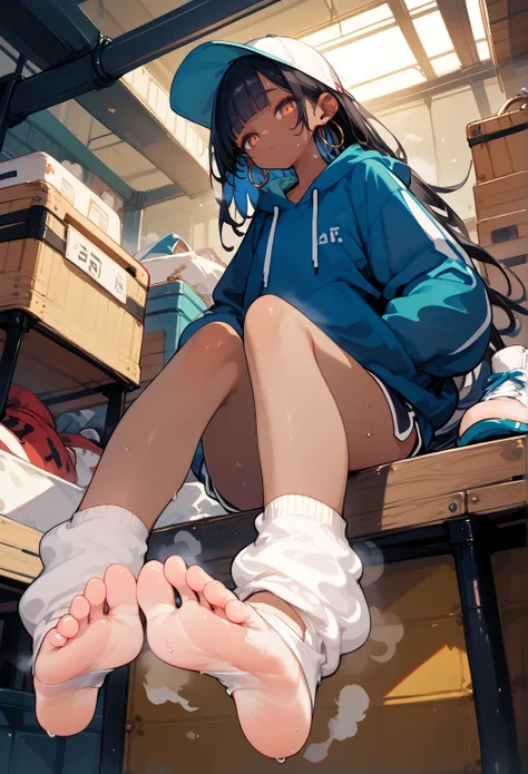(score_10,score_9_up,score_8_up,score_7_up), hadrian, fullbody,from below,a girl with long white straight hair and blunt bangs wearing oversized hoodie,micro shorts,hoop earrings,kneepads,baseball cap,hands in pockets,foot up sitting on a vaulting horse in the gym storeroom , sweat,steaming body,expressionless, closed mouth, dark skin, dark-skinned female,dynamic light,foot focus,steaming and sweaty spread toes foot,soles, dramatic Lighting, strong visual contrast,shoes removed, no shoes, stirrup loose socks, dark-skinned feet,