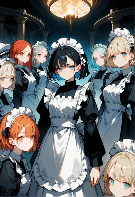 (score_9,score_8_up,score_7_up),Dreamlands, surreal, infinite, otherworldly, insanity-inducing, mesmerizing, ghostly, distorted shapes,tired eyes,short_hair, long_sleeves, hat, dress, apron, maid, 6+girls, maid_apron