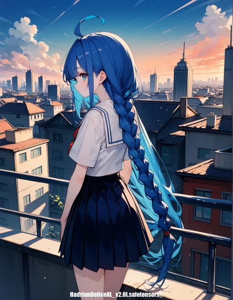 score_9,score_8_up,score_7_up,score_6_up, hadrian, highres,pov,1 thin/ skinny/ very long hair/ (pale skin)/ body blush/ student teenage,ahoge,braid,blue hair, roof,school,cityscape, horizon,cloudy sky, blue sky,small hair,from below,from back,from behind,pleated skirt,