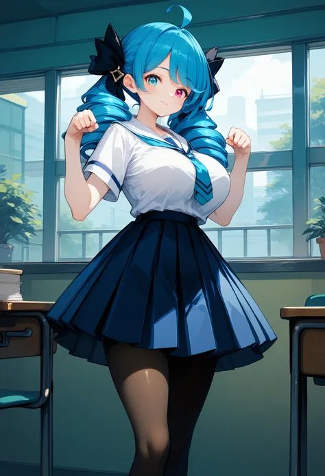 (score_10,score_9_up,score_8_up),hadrian,rating_safe,uncensored,
1girl,GwenLoLXL,huge breasts,heterochromia,blue hair,drill hair,hair bow,black bow,trwin drills,twintails,long hair,bangs,ahoge,pantyhose,(school uniform:1.2),standing,from side,(paw_pose:1.1),bedroom,<lora:GwenLoLXL:0.9>,