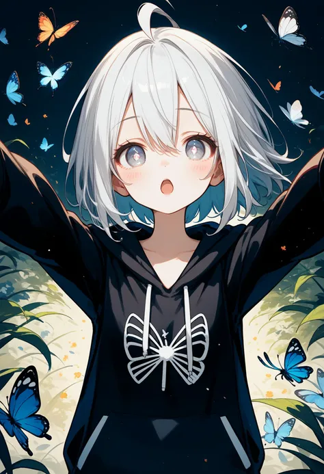 (score_10,score_9_up,score_8_up,score_7_up),handing spider, insect spider,1girl, solo, looking_at_viewer, blush, short_hair, open_mouth, bangs, long_sleeves, hair_between_eyes, upper_body, ahoge, white_hair, grey_hair, hood, medium_hair, grey_background, :o, grey_eyes, hoodie, hood_down, antenna_hair, outstretched_arms, bug, butterfly, foreshortening, bright_pupils, white_pupils, outstretched_hand, drawstring, reaching_towards_viewer, black_hoodie, white_eyes, spider