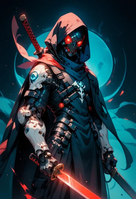 (score_9, score_8_up, score_7_up), zPDXL, solo, red eyes, 1boy, holding, weapon, male focus, sword, hood, scarf, cape, holding weapon, armor, no humans, mask, glowing, blue background, holding sword, katana, robot, black background, sheath, cloak, science fiction, sheathed, glowing eye, one-eyed, cyborg
<lora:BioPunky:0.9>