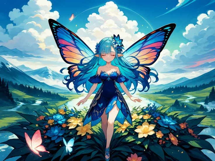 1girl, solo, wings, butterfly wings, white background, closed eyes, full body, simple background, pointy ears, flower, hair ornament, long hair, fairy, hair flower, blue hair, breasts, smile, navel, multicolored hair, collarbone
BREAK
Fantasy cityscape,mountain backdrop,mystical orbs,vibrant skies,magical aura,flowing rivers,majestic waterfalls,snow-capped peaks,lush greenery,bustling market.,, score_10,score_9_up,score_8_up,score_7_up,dramatic Lighting,very high detailed,very gorgeous and complicated background,