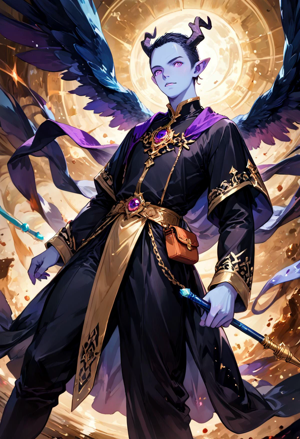 , cinematic, realistic, photorealistic, score_8_up, score_9, score_8_up score_7_ up, sharp, hyperdetailed, hyperrealistic, textured skin BREAK, Genasi, Sorcerer, Male, average build, blue skin, small horns, goatee, purple eyes, wearing dark robes and carrying a spell component pouch and a wand. , Posing in a dramatic lunge, with one knee bent and arms extended. , in valley background , wide angle, dutch angle, golden hour, vivid colors, realistic lights, perfecd body proportions <lora:OMG-Is-DucHaiten_v1.0:1>