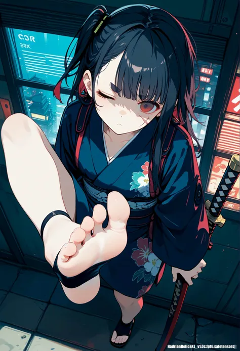 (score_10,score_9_up,score_8_up,score_7_up), ,, foot focus,close-up on foot,close-up,footview,skinny,on leg up over head,(from above:1.3),foreshortening,standing split,spread toes,toes,soles,black hair, one side up,((black stirrup footwear)),blue floral print japanese clothes,red eyes,one eye closed,(scar_across_eye),clothes slip,expressionless,shaded face,[[holding katana]],exhausted, frown, forked eyebrows,asymmetrical eyebrows,floral tatto,     low lights,highres,4k,8k,ultra high detailed cyberpunk,red,pink,blue,green,yellow,neon lights, english text,colored shadow,game screenshot,button prompt, user interface,srw battle screen,